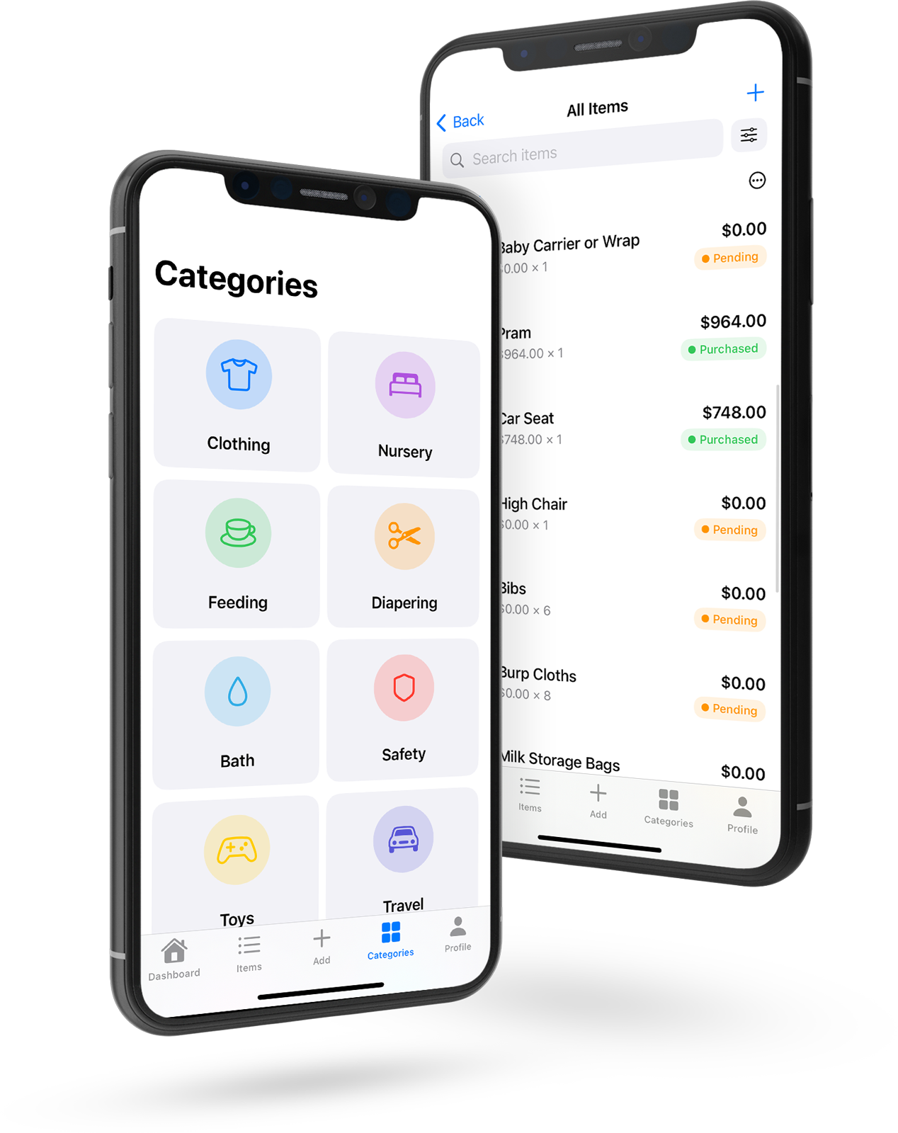 BabyReady App Features showing categories and shopping list